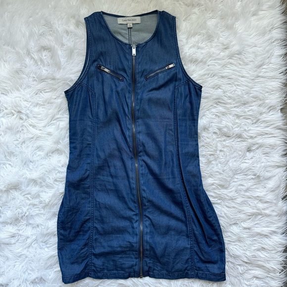 Calvin Klein Jeans Dark Denim Chambray Zip Up Mini Dress Size Large - Picture 3 of 7